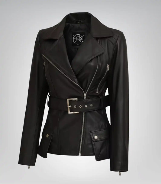 Women’s black genuine leather longline biker jacket with belted waist