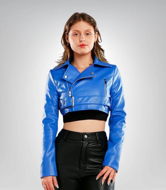 Faux belted cropped leather jacket for women front view