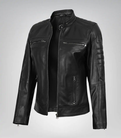 Women’s timeless black leather motorcycle jacket
