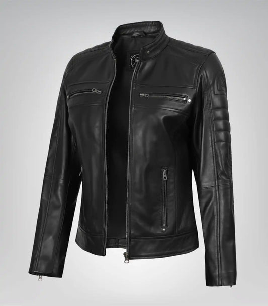 Women’s timeless black leather motorcycle jacket