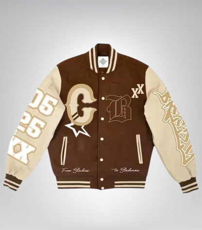 Chris Brown MT wool varsity jacket with leather sleeves for unisex