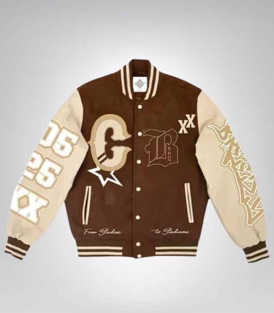 Chris Brown MT wool varsity jacket with leather sleeves for unisex