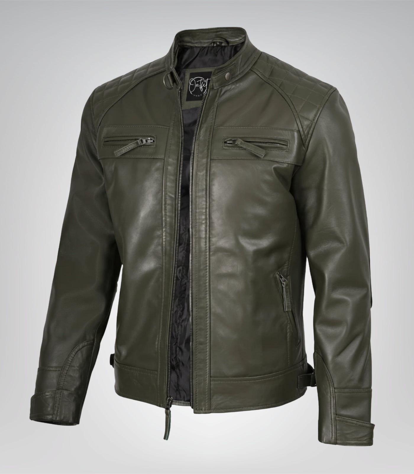 Olive green men’s leather motorcycle jacket with quilted shoulders