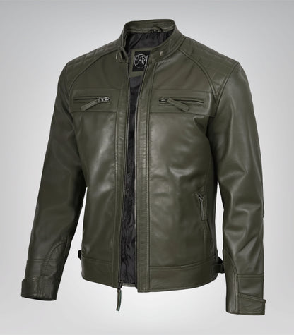 Olive green men’s leather motorcycle jacket with quilted shoulders