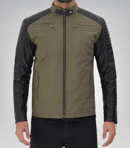 Men’s army green and black café racer leather jacket – classic motorcycle style