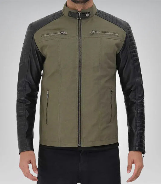 Men’s army green and black café racer leather jacket – classic motorcycle style