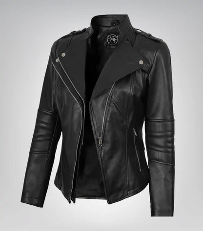 Women’s black lambskin leather motorcycle-style jacket
