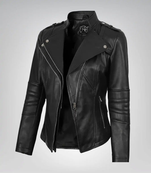 Women’s black lambskin leather motorcycle-style jacket