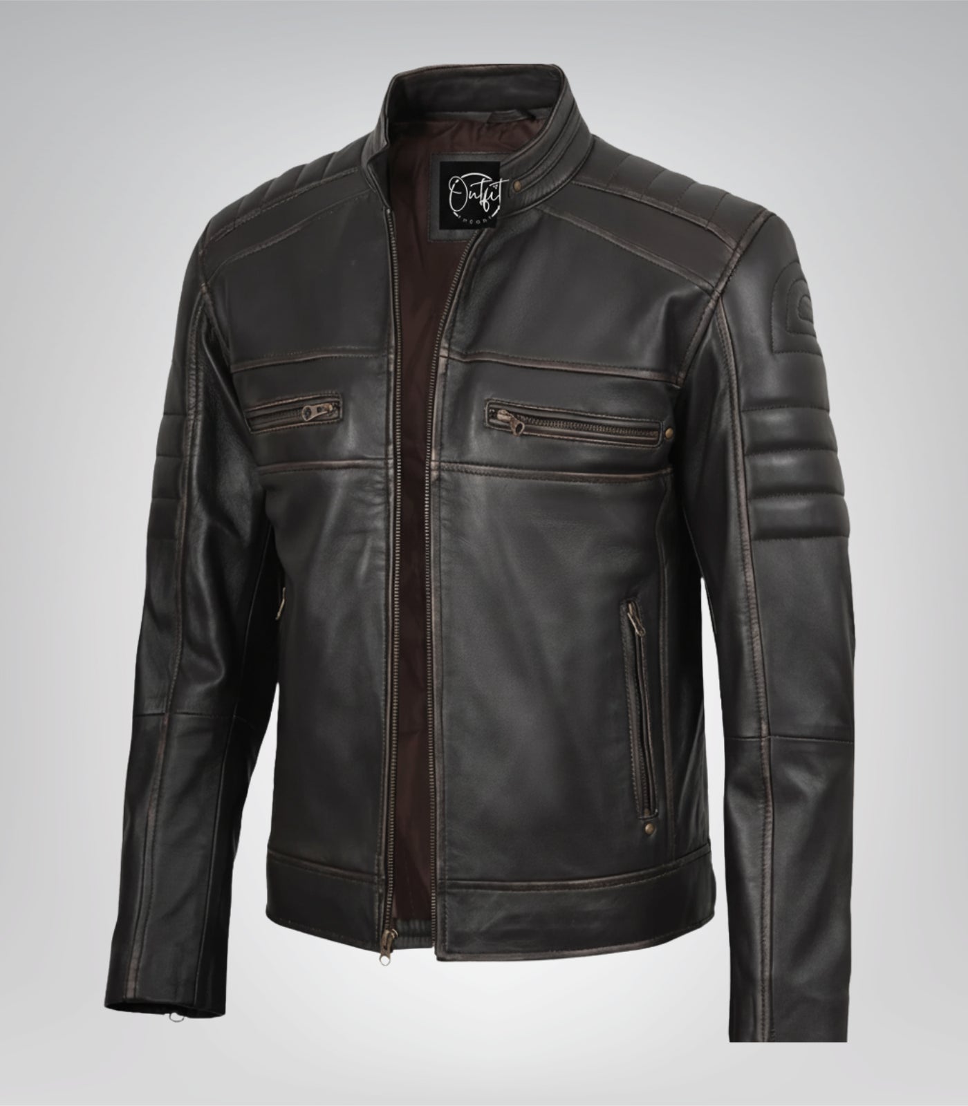 Men’s distressed brown leather motorcycle jacket in biker design