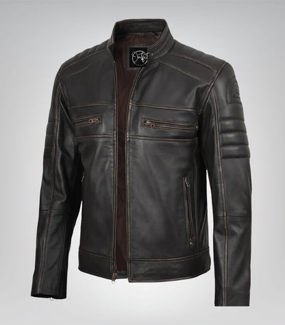 Men’s distressed brown leather motorcycle jacket in biker design