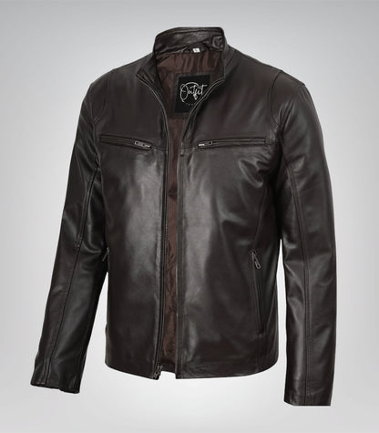 Dark brown men’s cowhide leather motorcycle jacket