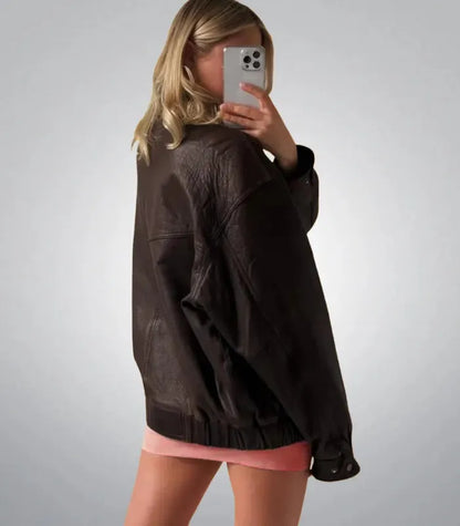 Vintage 80s oversized brown leather jacket for women – bomber coat