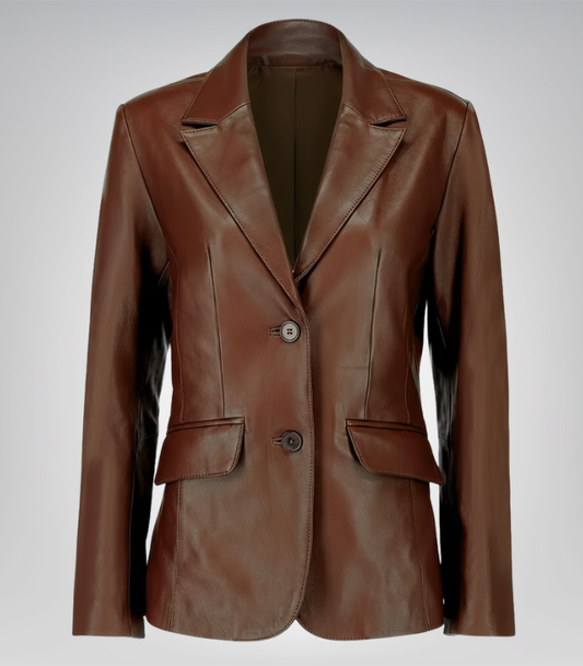 Women’s classic brown lambskin leather blazer jacket – tailored and timeless design