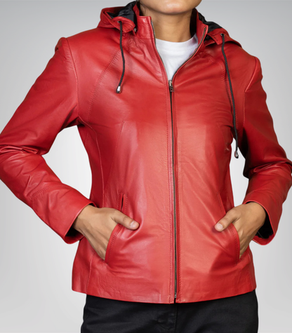 Jenny women’s red real leather jacket with detachable hood – stylish versatile design