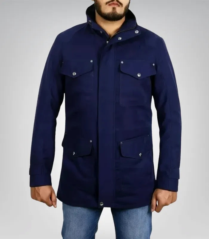 Stylish men’s blue cotton coat – long casual outerwear jacket