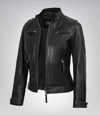 Women’s black leather motorcycle-style jacket with quilted detailing