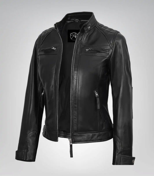 Women’s black leather motorcycle-style jacket with quilted detailing