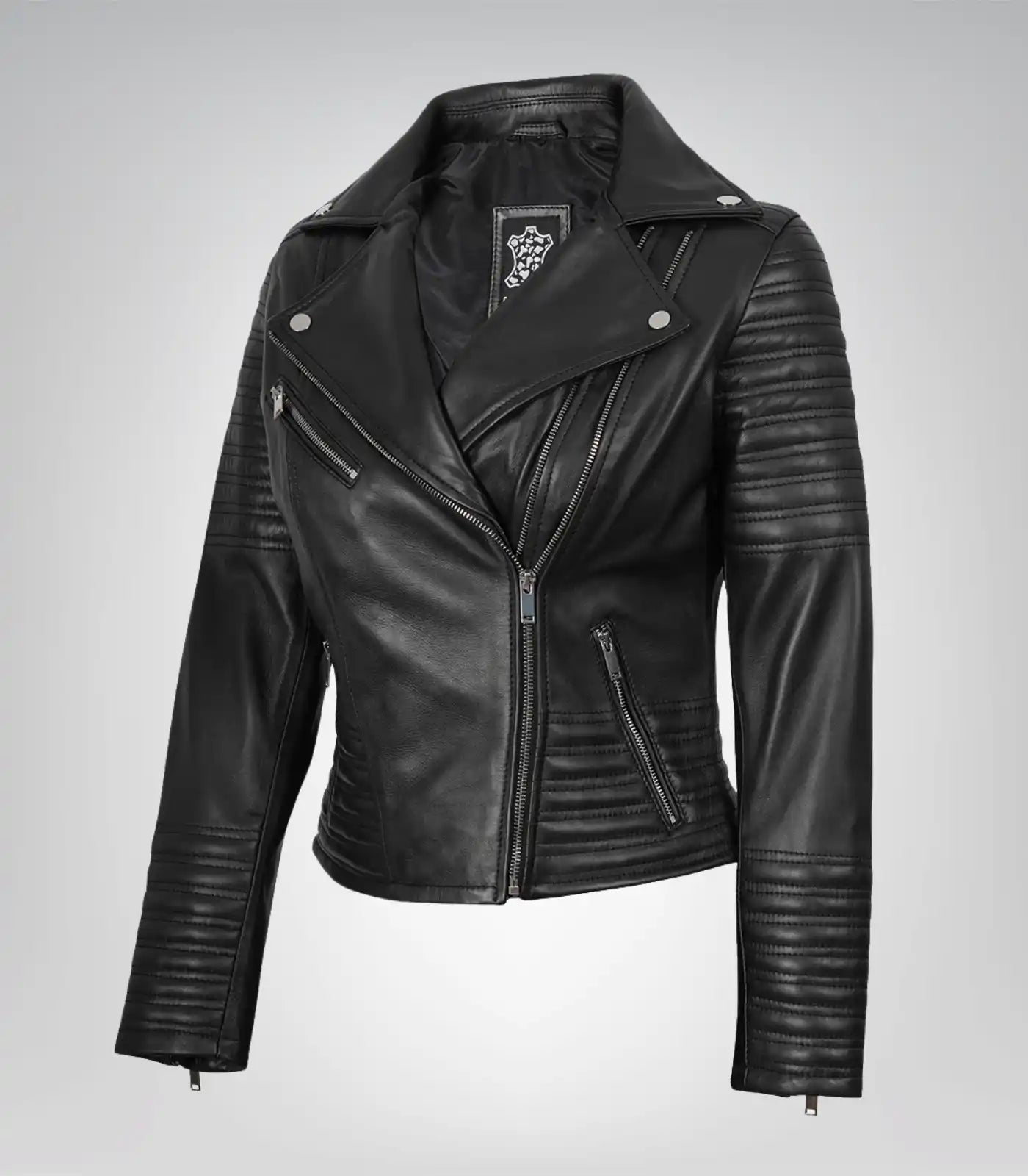 Women’s genuine black leather asymmetrical biker-style jacket