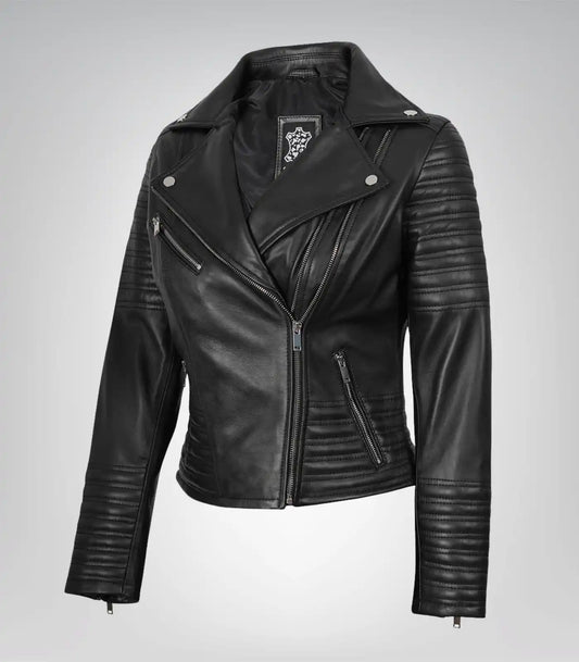 Women’s genuine black leather asymmetrical biker-style jacket