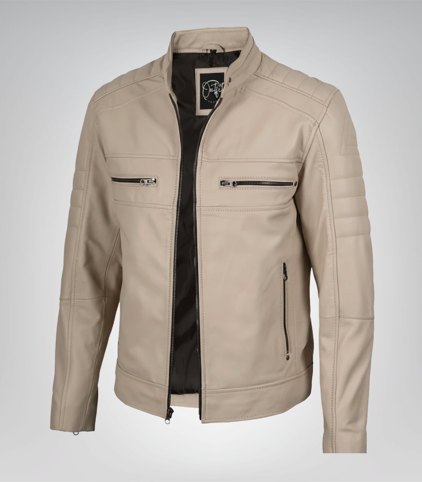 Men’s beige leather biker jacket with mandarin collar