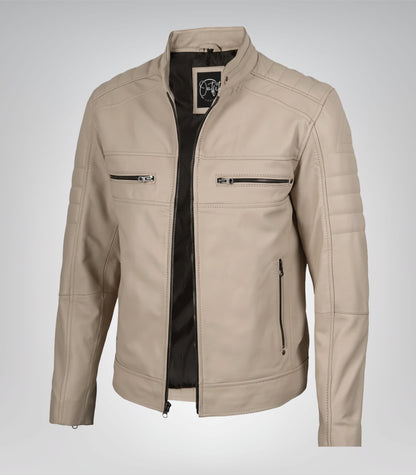 Men’s beige leather biker jacket with mandarin collar