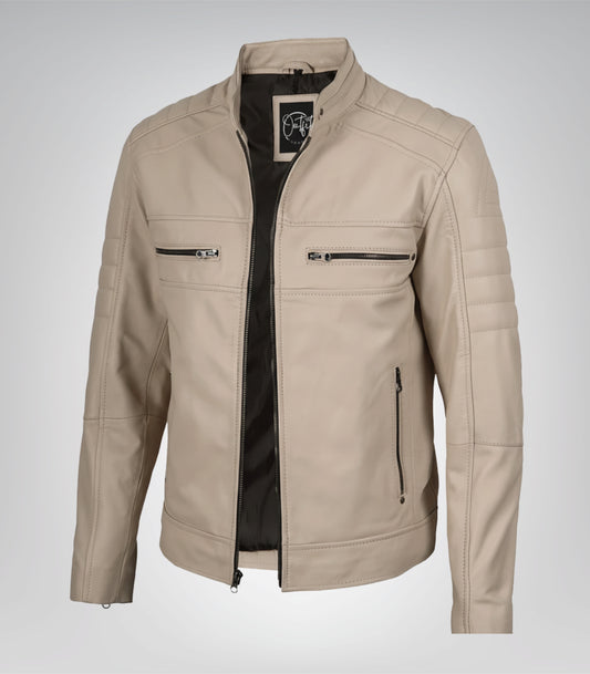 Men’s beige leather biker jacket with mandarin collar