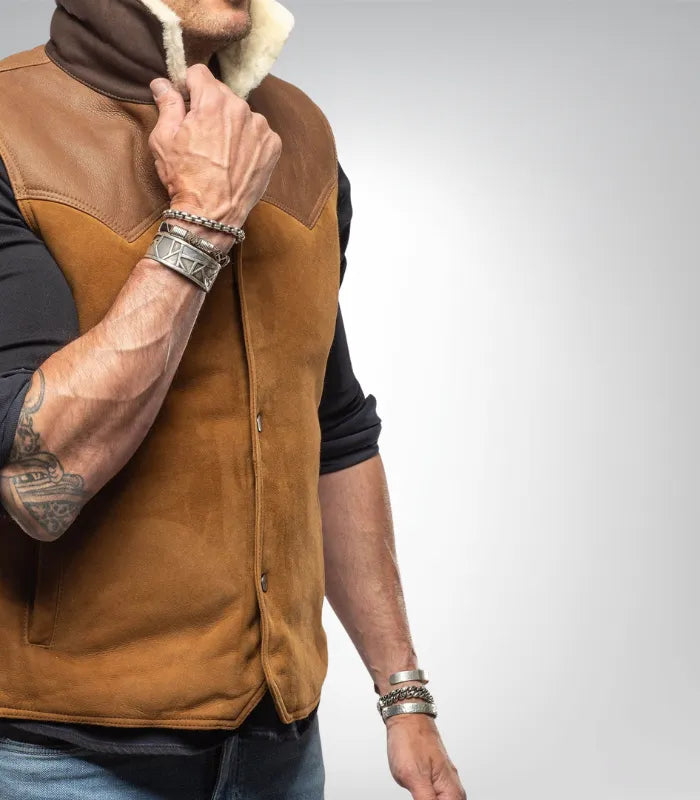 Men’s Western Shearling Vest in Tobacco Brown – Suede Leather Gilet