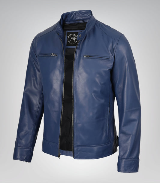 Men’s classic blue leather biker jacket