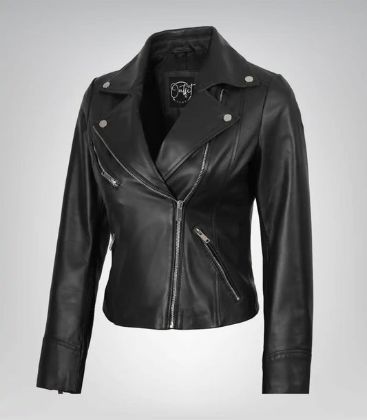 Rita Women’s Asymmetrical Real Leather Biker Jacket – Premium Slim Fit Design