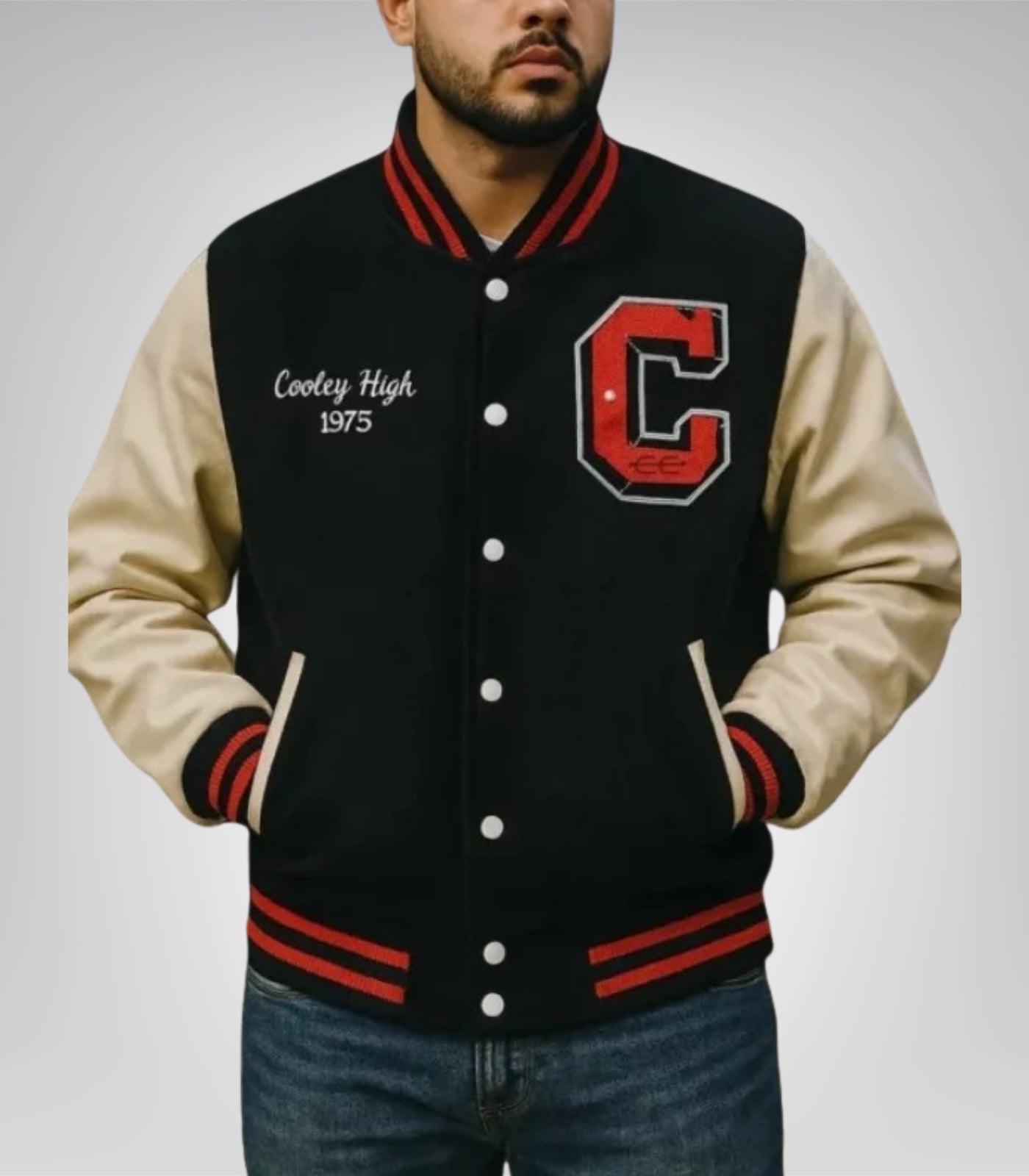 Cooley High black and off white wool letterman varsity jacket with leather sleeves