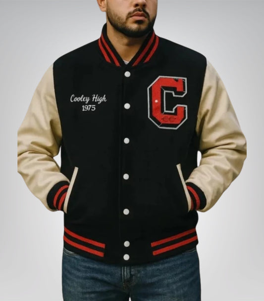 Cooley High black and off white wool letterman varsity jacket with leather sleeves