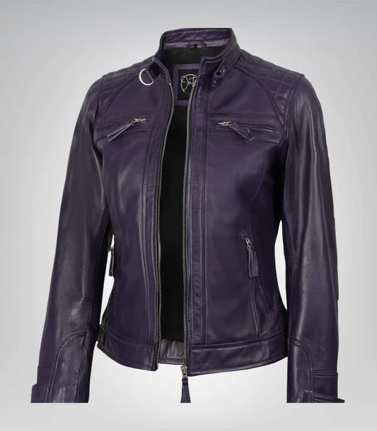 Women’s purple leather motorcycle-style jacket with quilted shoulders