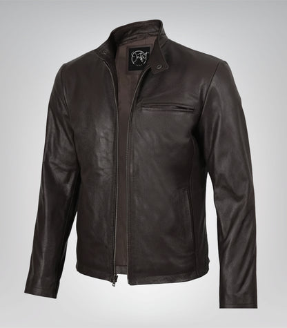 Men’s premium cowhide leather biker jacket in dark brown