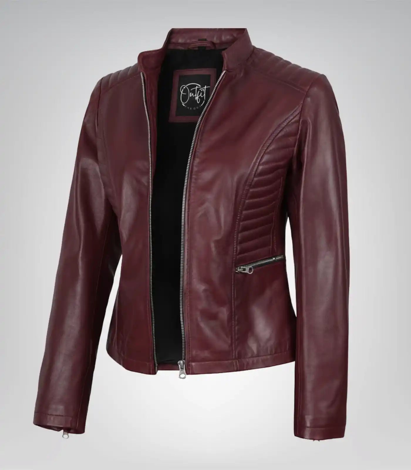 Women’s burgundy leather motorcycle-style jacket