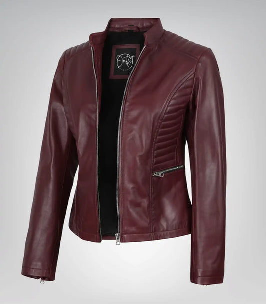 Women’s burgundy leather motorcycle-style jacket
