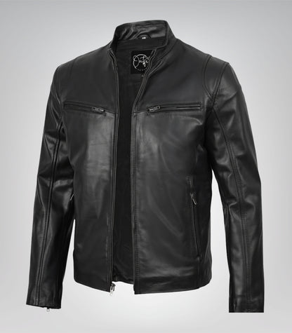 Men’s classic black cowhide leather biker jacket