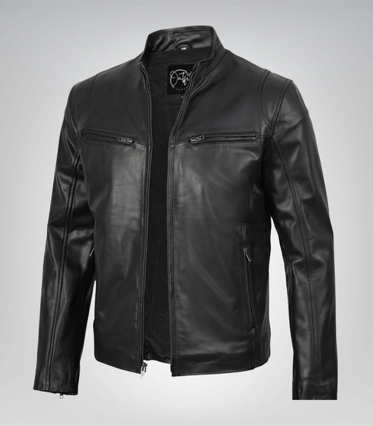 Men’s classic black cowhide leather biker jacket