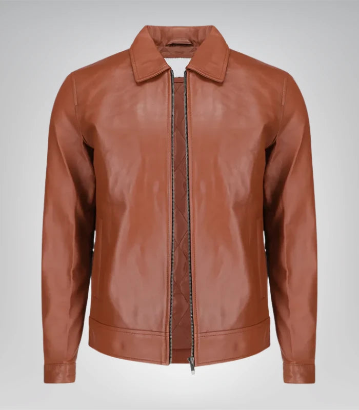 Men's leather jacket with Harrington collar – premium design front view