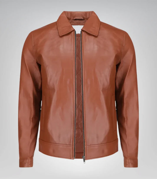 Men's leather jacket with Harrington collar – premium design front view