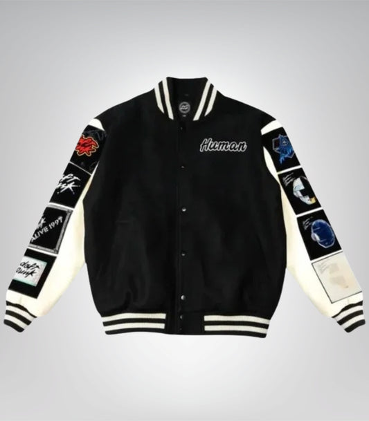 Daft Punk black letterman varsity jacket with wool body and leather sleeves