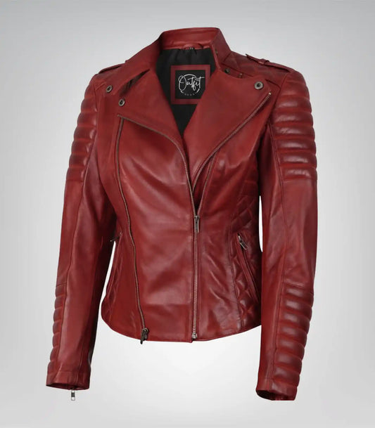 Women’s red premium leather biker jacket with asymmetrical design