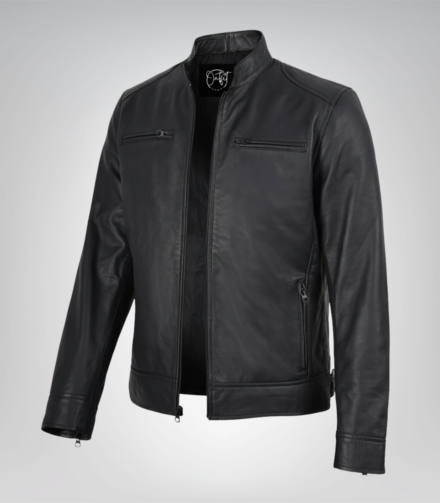 Matte black men’s leather motorcycle jacket in premium finish