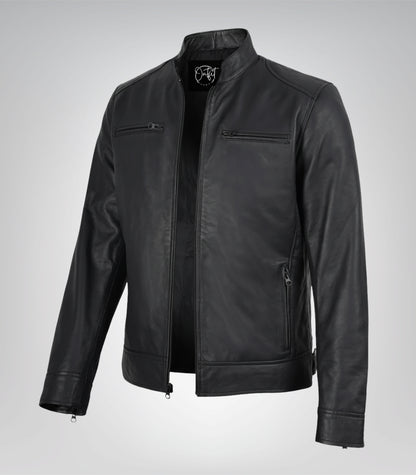 Matte black men’s leather motorcycle jacket in premium finish