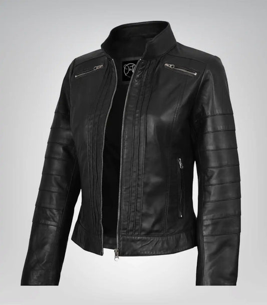 Bergamo women’s genuine black leather motorcycle jacket