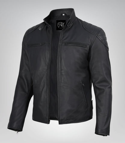 Men’s genuine leather biker jacket in matte black finish