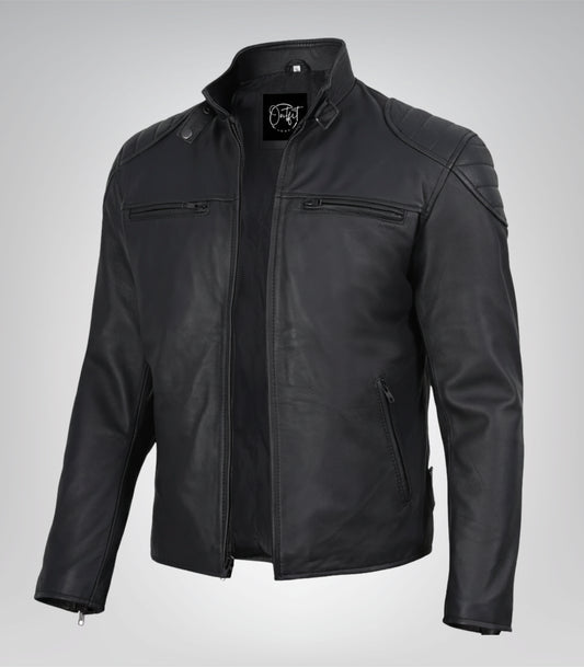 Men’s genuine leather biker jacket in matte black finish