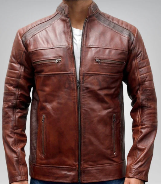 Men's vintage brown leather biker jacket – classic motorcycle style