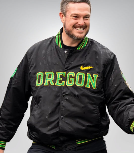 Dan Lanning Oregon Ducks black satin varsity jacket for men