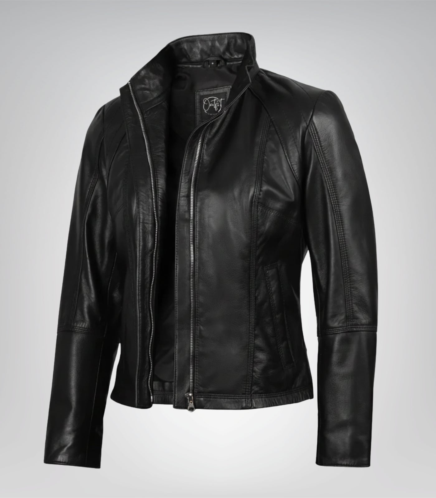 Acerra women’s slim-fit black motorcycle-style leather jacket