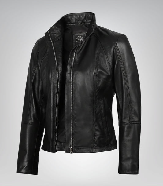 Acerra women’s slim-fit black motorcycle-style leather jacket